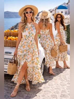 NWKND WYFR Flagler Halter Dress in citrus print maxi dress size  M NWOT